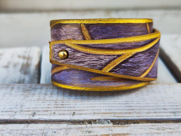 Handcrafted Gold Engraved Leather Wrap Bracelet - Womens Jewelry