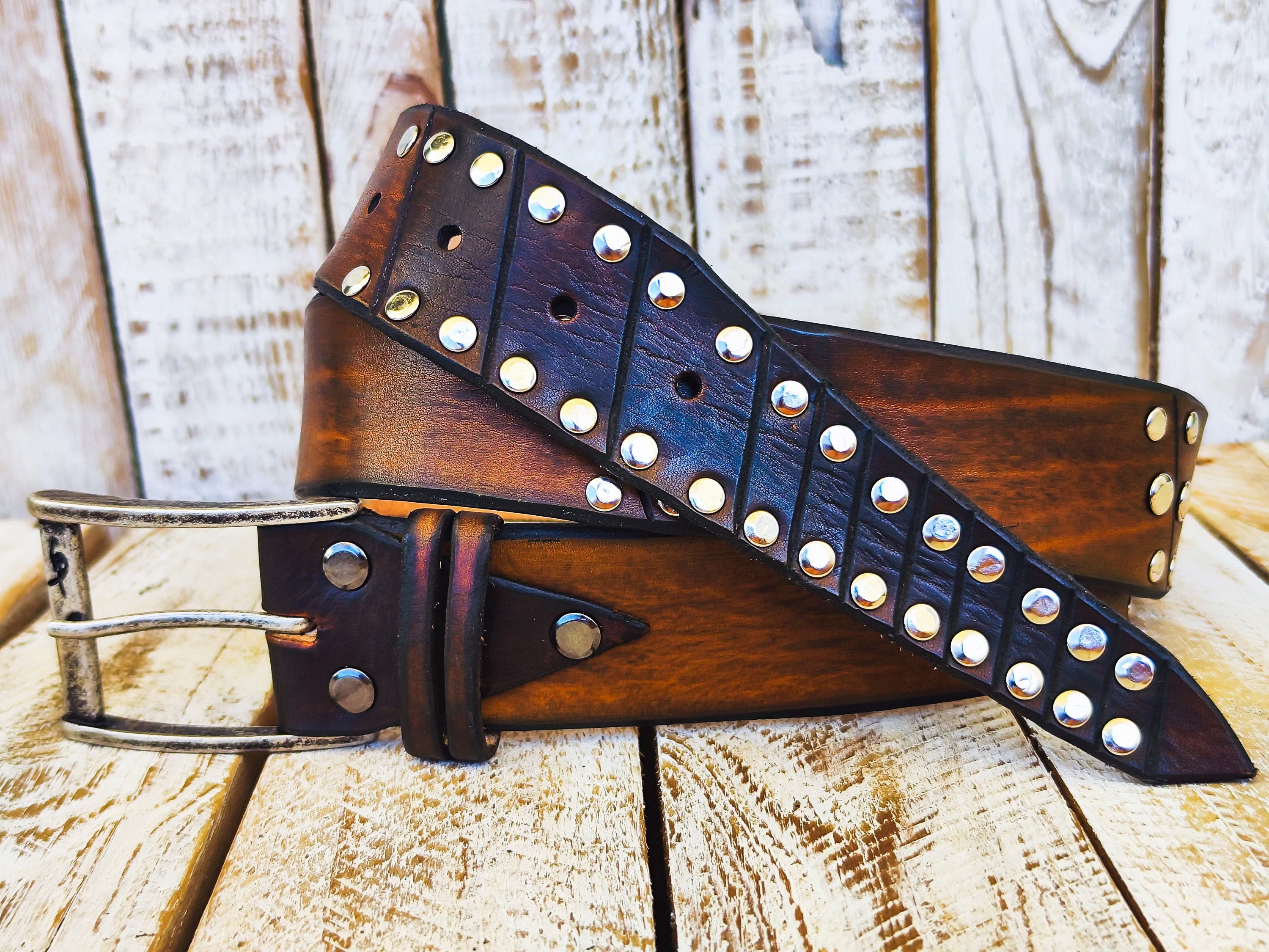 Brown Leather Rodeo Rock Belt - Handcrafted with Silver Buckle - Mens Accessory