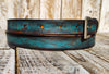 Stylish Distressed Turquoise Leather Belt with Silver Buckle - Perfect for Men and Womens Jeans