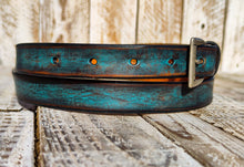 Distressed Turquoise Leather Belt with Silver Buckle - Stylish Unisex Statement Piece for Jeans