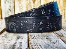 Cyberpunk Black Leather Belt with Tech Print and Silver Buckle, One-of-a-Kind Black Leather Belt with Silver Hardware and Circuit Board .