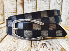 Black and Gray Checkered Leather Belt with Silver Buckle and black wash. Handmade product by Ishaor, A Statement Piece for Any Outfit.