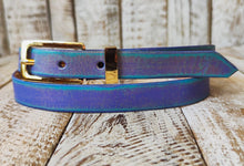 Handcrafted Narrow 2cm purple Leather Belt with turquoise wash and golden finish attaches to  Gold Buckle for Women, Elegant design