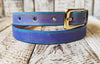 Handcrafted Narrow 2cm purple Leather Belt with turquoise wash and golden finish attaches to Gold Buckle for Women, Elegant design