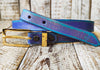 Handcrafted Narrow 2cm purple Leather Belt with turquoise wash and golden finish attaches to Gold Buckle for Women, Elegant design