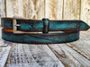 Distressed Turquoise Narrow Leather Belt for men and women with a silver buckle.A Statement Piece for Your Jeans Stunning rough finish.