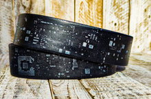 Cyberpunk Black Leather Belt with Tech Print and Silver Buckle, One-of-a-Kind Black Leather Belt with Silver Hardware and Circuit Board .