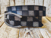 Black and Gray Checkered Leather Belt with Silver Buckle and black wash. Handmade product by Ishaor, A Statement Piece for Any Outfit.