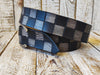 Black and Gray Checkered Leather Belt with Silver Buckle and black wash. Handmade product by Ishaor, A Statement Piece for Any Outfit.