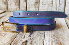 Handcrafted Narrow 2cm purple Leather Belt with turquoise wash and golden finish attaches to  Gold Buckle for Women, Elegant design