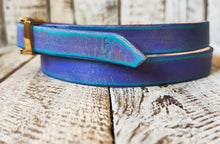 Handcrafted Narrow 2cm purple Leather Belt with turquoise wash and golden finish attaches to  Gold Buckle for Women, Elegant design