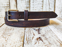 Distressed Narrow Leather Belt - Dark Brown Men and Womens Silver Buckle - Statement Piece for Jeans - Rough Finish