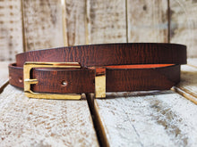 Classic Casual Narrow Brown Leather Belt with Gold Buckle for Everyday Wear - Perfect with Jeans