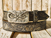 Rugged Handmade Leather Belt: white and Vintage brown Wash designed with Motorcycle Gear Stamps, rivets and Ishaor original logo buckle