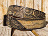 Rugged Handmade Leather Belt: white and Vintage brown Wash designed with Motorcycle Gear Stamps, rivets and Ishaor original logo buckle