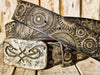 Rugged Handmade Leather Belt: white and Vintage brown Wash designed with Motorcycle Gear Stamps, rivets and Ishaor original logo buckle