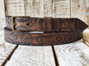 Rugged Handmade Leather Belt: Vintage brown designed with Motorcycle Gear Stamps, perfect personalized gift for bikers