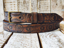 Rugged Handmade Leather Belt: Vintage brown designed with Motorcycle Gear Stamps, perfect personalized gift for bikers