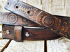 Rugged Handmade Leather Belt: Vintage brown designed with Motorcycle Gear Stamps, perfect personalized gift for bikers