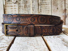 Rugged Handmade Leather Belt: Vintage brown designed with Motorcycle Gear Stamps, perfect personalized gift for bikers