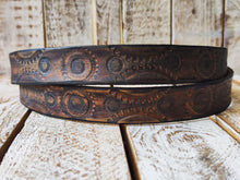 Rugged Handmade Leather Belt: Vintage brown designed with Motorcycle Gear Stamps, perfect personalized gift for bikers