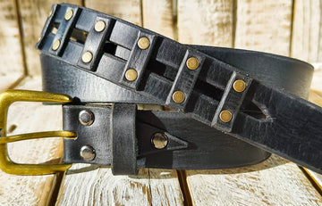 Handcrafted original Black Leather Studded Belt with Bronze Buckle and unique design by Ishaor