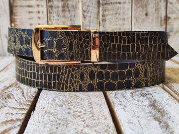 Black Leather Belt, Gold Wash and gold Buckle, Elegant Everyday Accessor. Adjustable belt the perfect gift