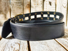 Handcrafted original Black Leather Studded Belt with Bronze Buckle and unique design by Ishaor