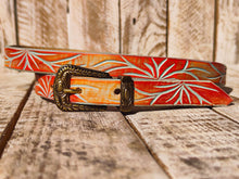 Ishaor Handmade Leather Chic Belt for Women's Flowers in Light Blue & Orange | Spring Fashion , 2cm narrow belt