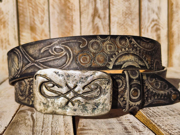 Rugged Handmade Leather Belt: white and Vintage brown Wash designed with Motorcycle Gear Stamps, rivets and Ishaor original logo buckle