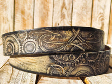 Rugged Handmade Leather Belt: white and Vintage brown Wash designed with Motorcycle Gear Stamps, rivets and Ishaor original logo buckle