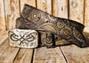 Rugged Handmade Leather Belt: white and Vintage brown Wash designed with Motorcycle Gear Stamps, rivets and Ishaor original logo buckle