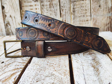 Rugged Handmade Leather Belt: Vintage brown designed with Motorcycle Gear Stamps, perfect personalized gift for bikers