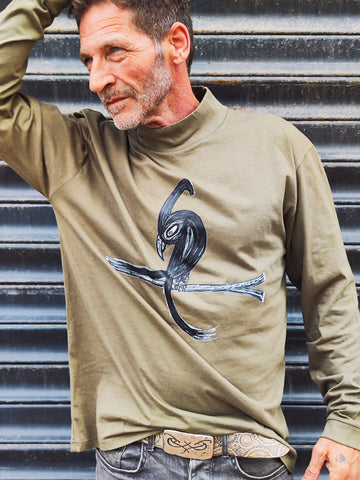 Olive Green Long Sleeve Tee - Original Print by ISHAOR 100% Cotton ,Half-Turtle Neck Tee. stylish shirt to wear with jeans with ishaor bird