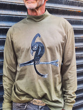 Olive Green Long Sleeve Tee - Original Print by ISHAOR 100% Cotton ,Half-Turtle Neck Tee. stylish shirt to wear with jeans with ishaor bird