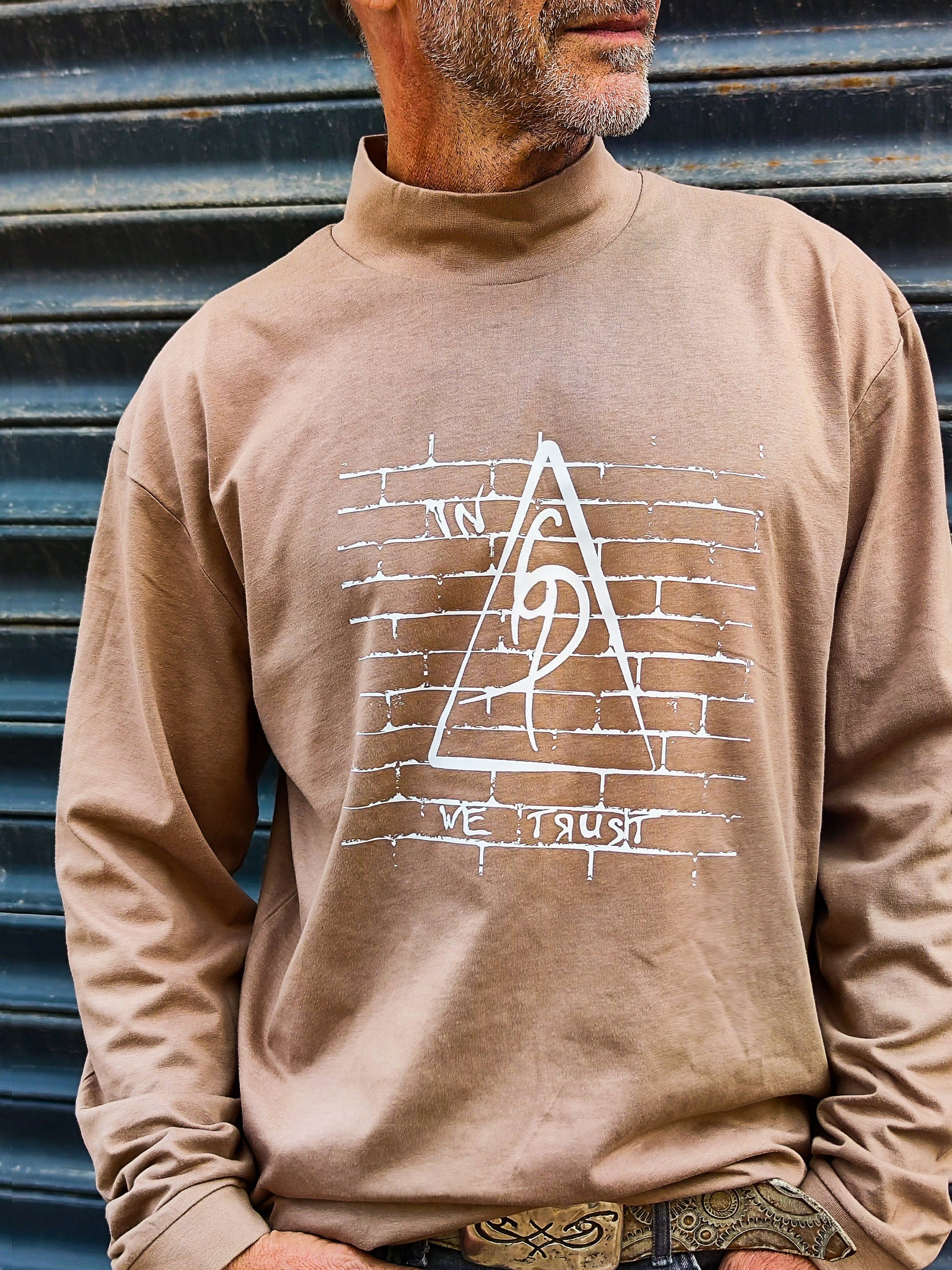 Light brown Long Sleeve Tee - Original Print by ISHAOR 100% Cotton ,Half-Turtle Neck Tee. stylish shirt to wear with jeans