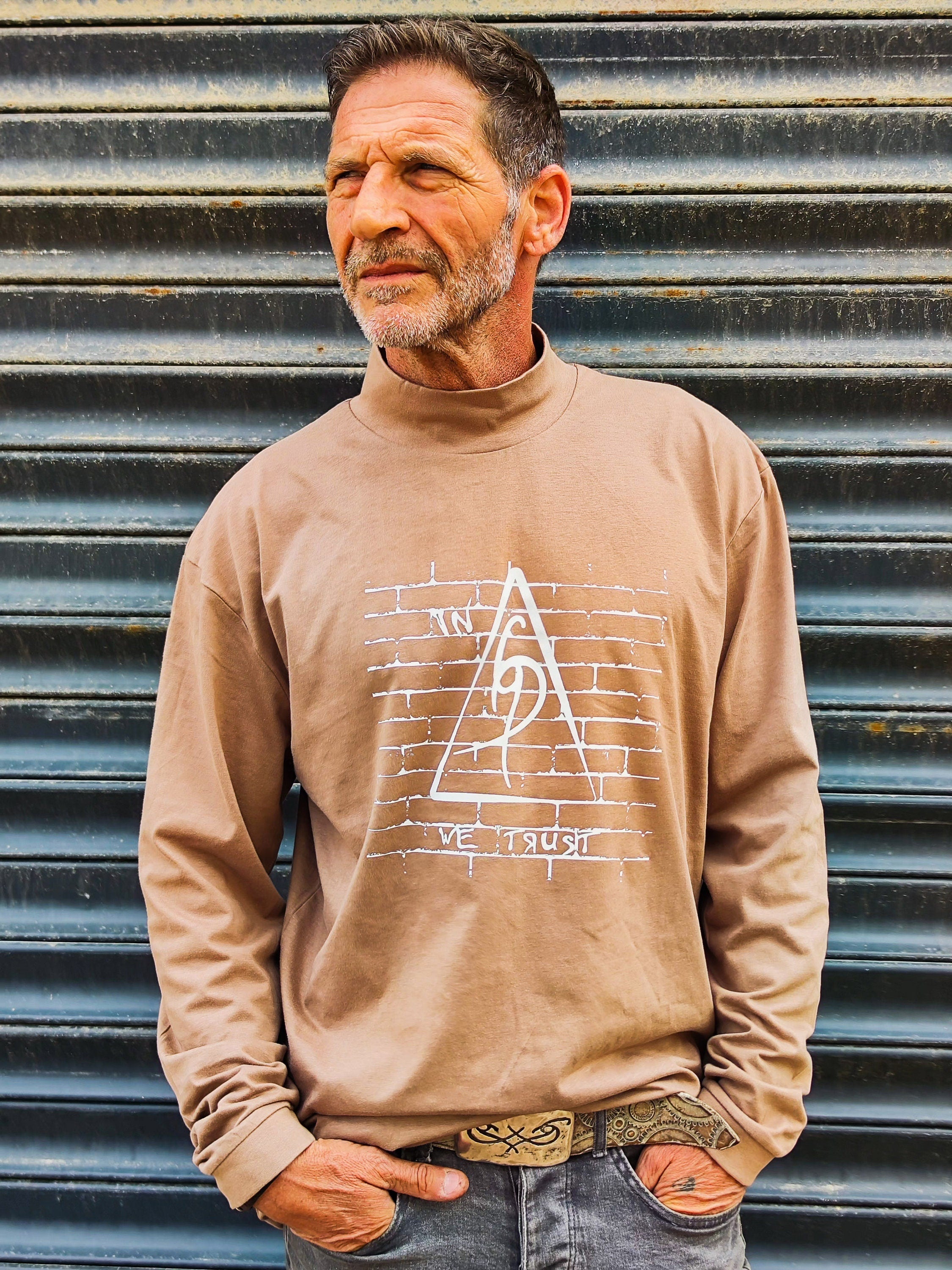 Light brown Long Sleeve Tee - Original Print by ISHAOR 100% Cotton ,Half-Turtle Neck Tee. stylish shirt to wear with jeans