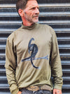 ISHAOR Olive Green Long Sleeve Tee - 100 Cotton Half-Turtle Neck with Original Bird Print - Stylish Shirt for Men and Women