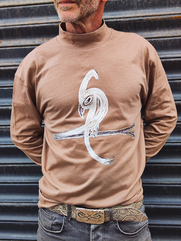 Light brown Long Sleeve Tee - Original Print by ISHAOR 100% Cotton ,Half-Turtle Neck Tee. stylish shirt to wear with jeans with ishaor bird