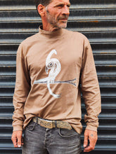 Light brown Long Sleeve Tee - Original Print by ISHAOR 100% Cotton ,Half-Turtle Neck Tee. stylish shirt to wear with jeans with ishaor bird