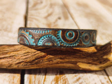 Handcrafted Steampunk Leather Bracelet - 1.5 cm Brown & Turquoise Motorcycle Gear Design by ISHAOR