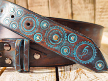 Handmade Brown Leather Belt with Turquoise Motorcycle Gear Design – Unique 3.6cm Wide Belt by Ishaor