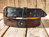 Handmade Brown Leather Belt with Turquoise Motorcycle Gear Design – Unique 3.6cm Wide Belt by Ishaor