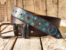 Handmade Brown Leather Belt with Turquoise Motorcycle Gear Design – Unique 3.6cm Wide Belt by Ishaor