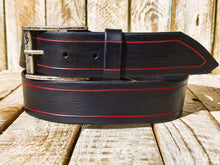 Handmade Black Leather Belt with Red Line Frame – 4.2cm Wide and Silver Buckle