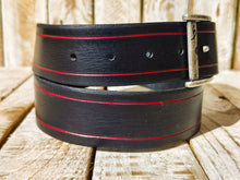 Handmade Black Leather Belt with Red Line Frame – 4.2cm Wide and Silver Buckle