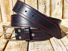 Handmade Black Leather Belt with Red Line Frame – 4.2cm Wide and Silver Buckle