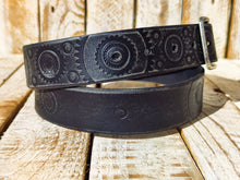 Handmade Black Leather Belt with Embossed Motorcycle Gear Design - Unique Steampunk Style by Ishaor, 3.6 cm Wide