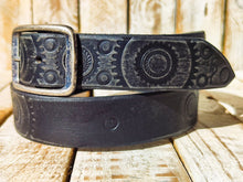 Handmade Black Leather Belt with Embossed Motorcycle Gear Design - Unique Steampunk Style by Ishaor, 3.6 cm Wide