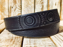 Handmade Black Leather Belt with Embossed Motorcycle Gear Design - Unique Steampunk Style by Ishaor, 3.6 cm Wide